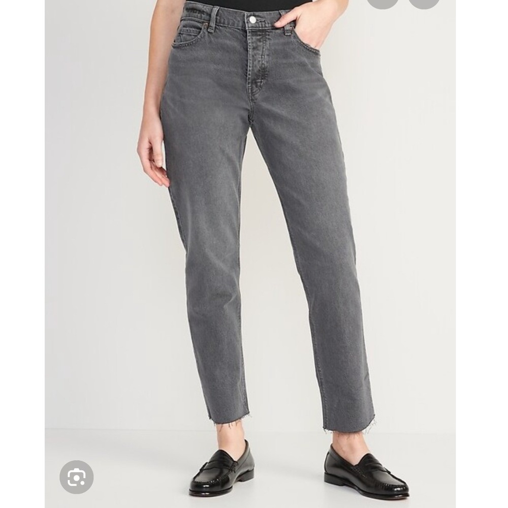 Old Navy 14 Slouchy Straight Jeans Charcoal High Rise Raw Hem Button Fly Denim